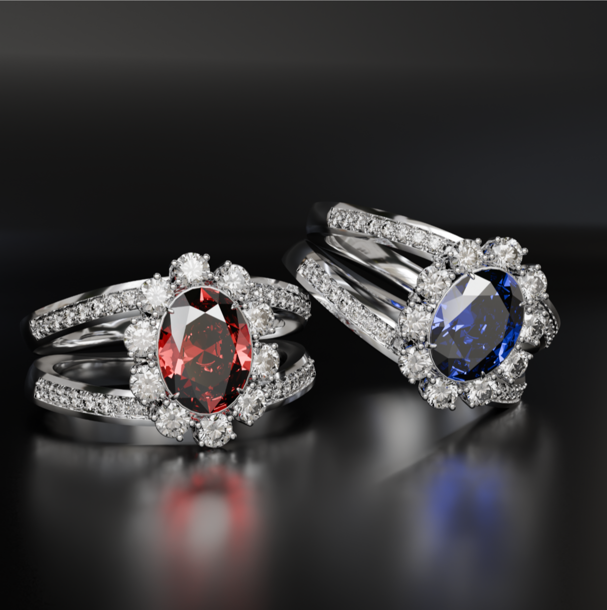 Jewelry design rings with red and blue gemstones
