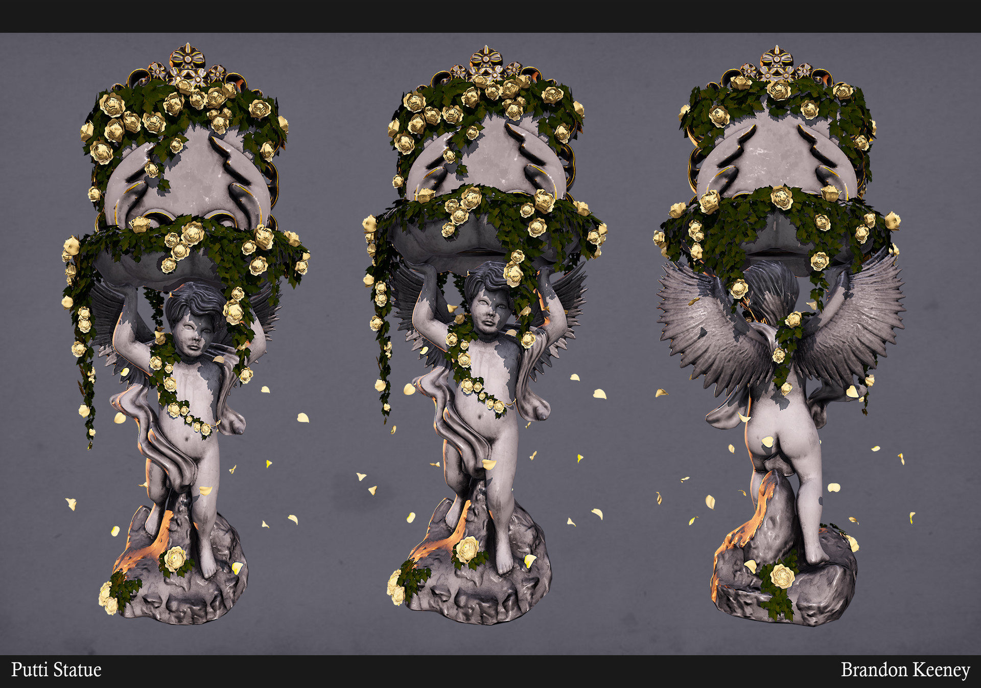 Putti statue model with roses and three views